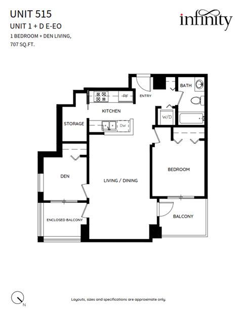 Floor plan for 1 bed, 1 bath